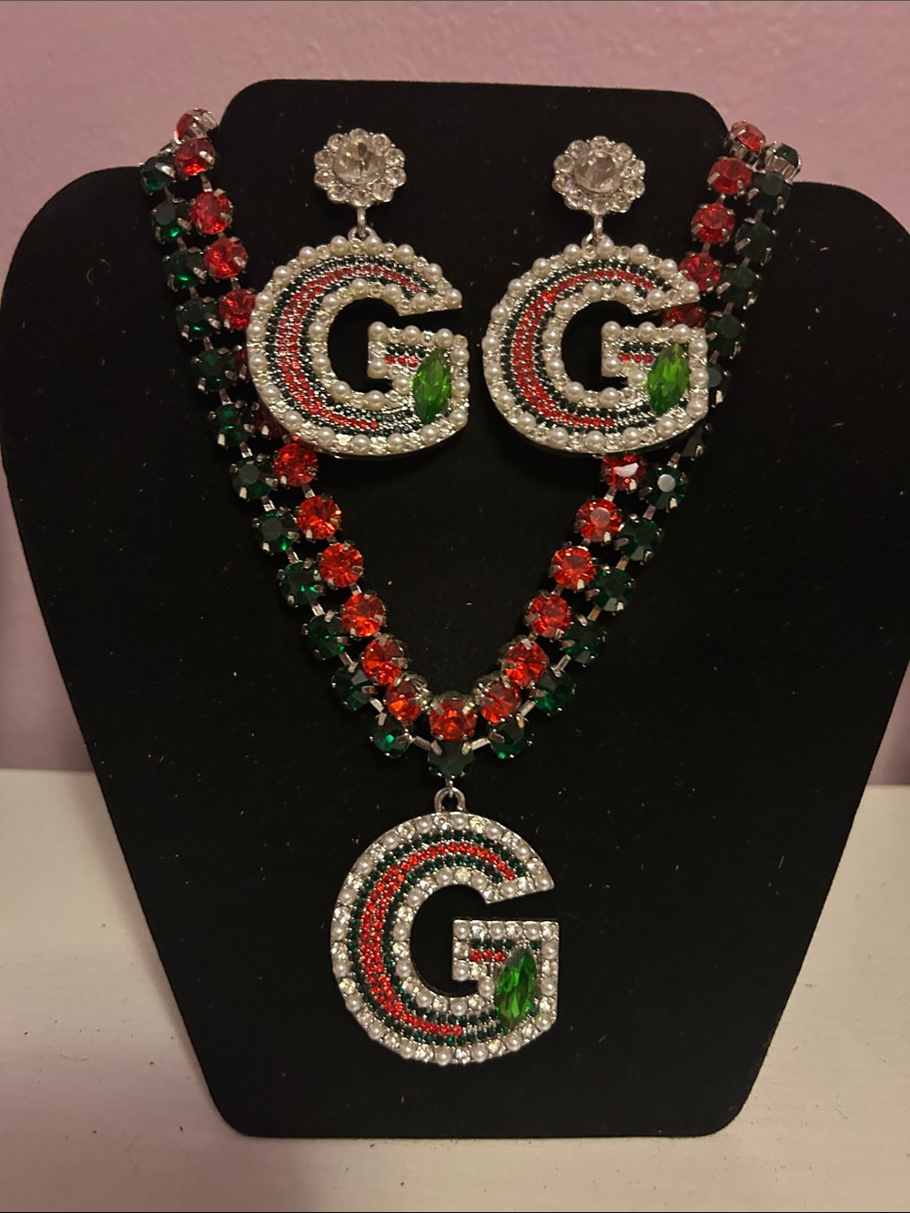 Crystal G Initial Necklace and Earring Set - Red, Green, Clear